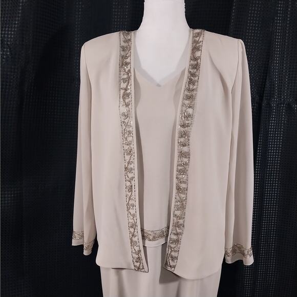 R & M RICHARDS! CHAMPAGNE BEIGE/TAN SILVER & GOLD BEADED 2 PC DRESS SET! SZ 10P - Picture 3 of 14